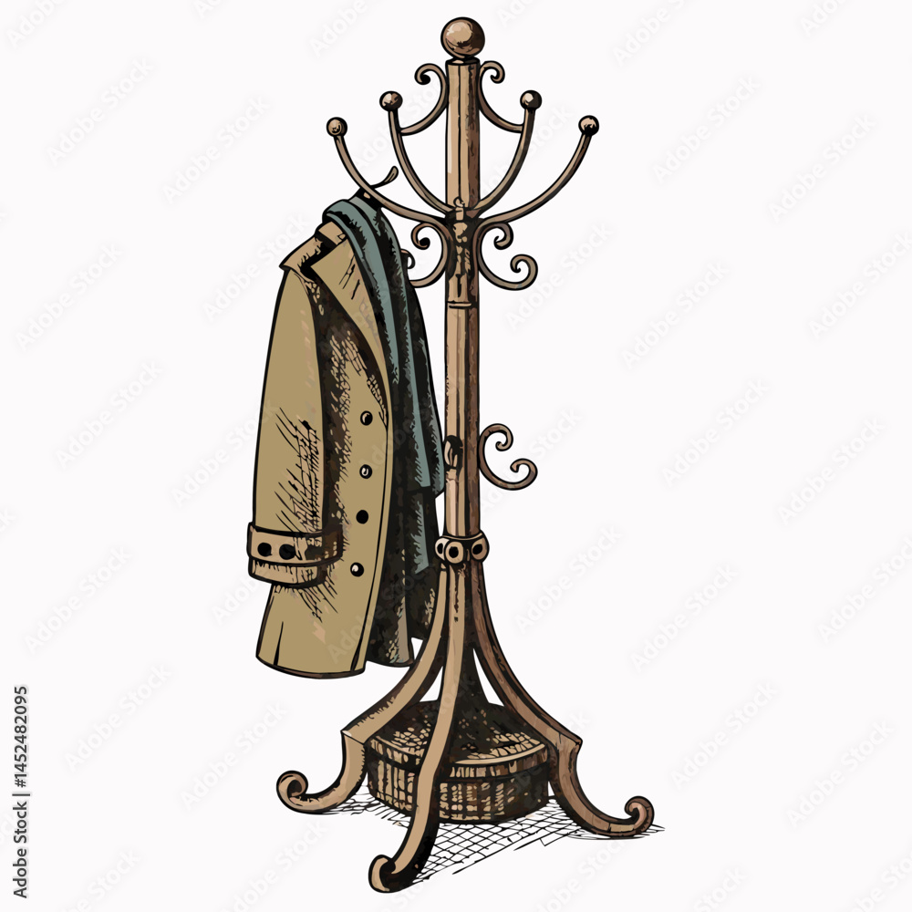 Poster create a bold, vector illustration of an antique coat rack with thick strokes, emphasizing details l