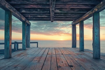 Wooden platform overlooking the ocean at sunset.