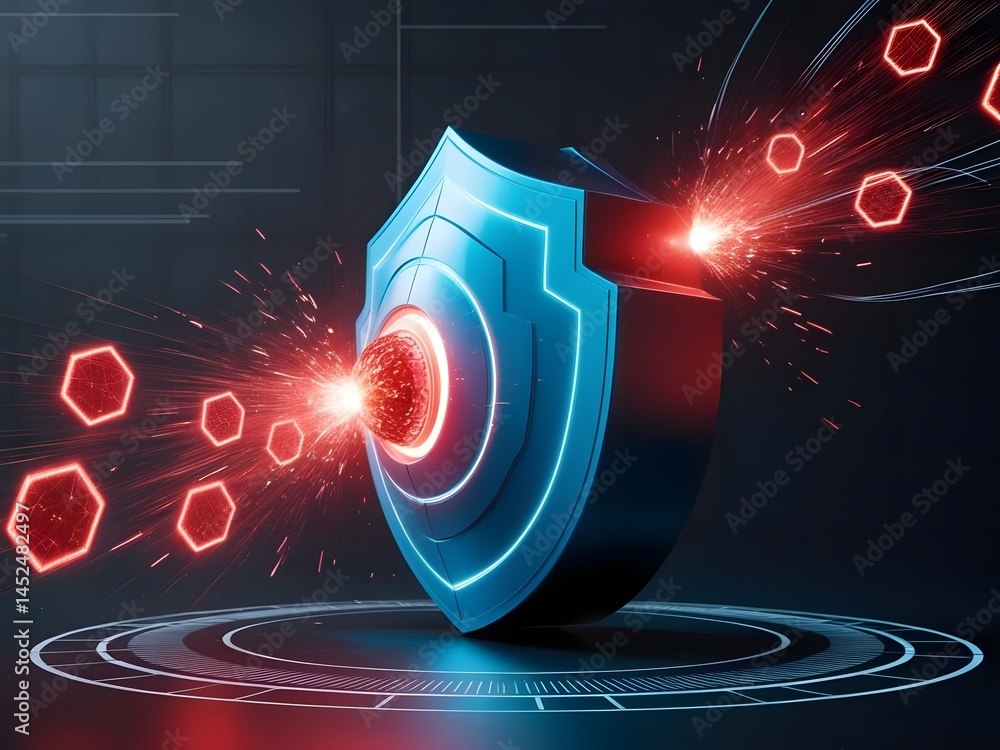Poster cybersecurity shield protecting data network