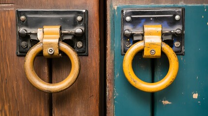 Wooden doors with yellow door handles detail