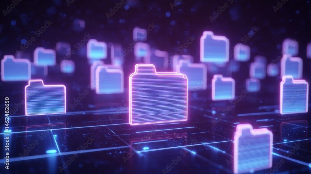 Poster abstract network grid with files and folders, futuristic software interface, digital document manage