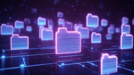 Abstract network grid with files and folders, futuristic software interface, digital document management system, store, search and organize documents, corporate business, paperless office,	