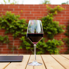 glass of red wine on wooden table in setting