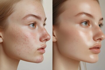 Transformation of skin appearance emphasizing before and after effects of skincare