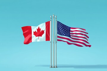 Graphic design featuring Canadian and American flags on a blue background for advertising purposes