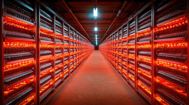 A large data center with rows of illuminated server racks, glowing red, extends into the distance under bright overhead lights.