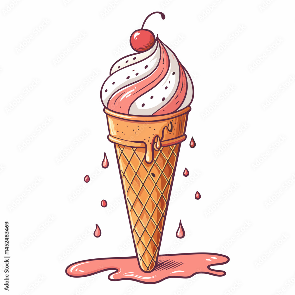 Poster create a vector illustration of a melting ice cream cone with a bold, thick stroke. focus on a dripp