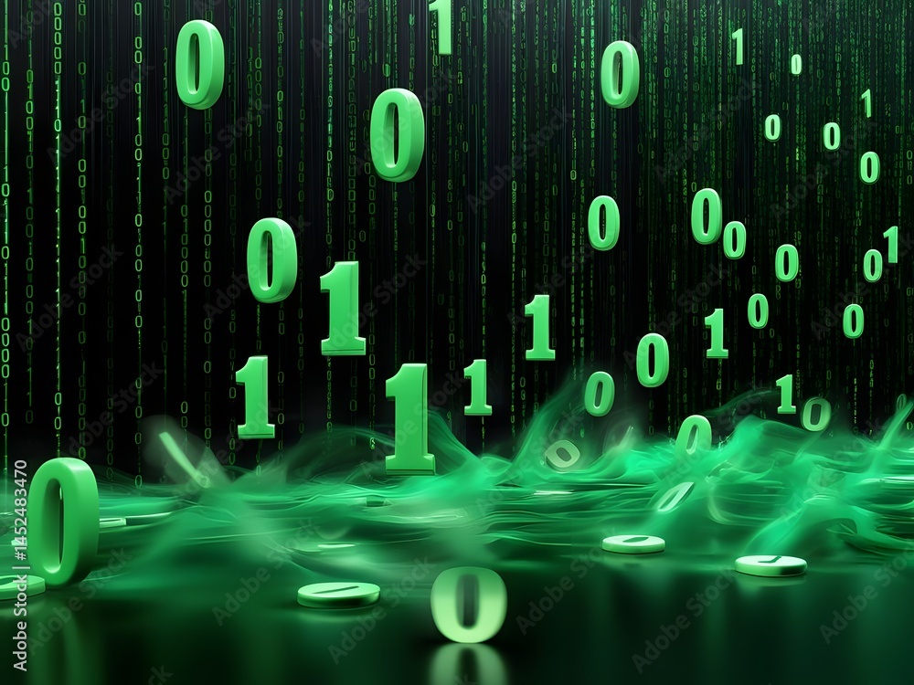 Poster the matrix: green binary code rising through fog