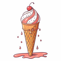 Create a vector illustration of a melting ice cream cone with a bold, thick stroke.  Focus on a dripping, summery aesthetic.