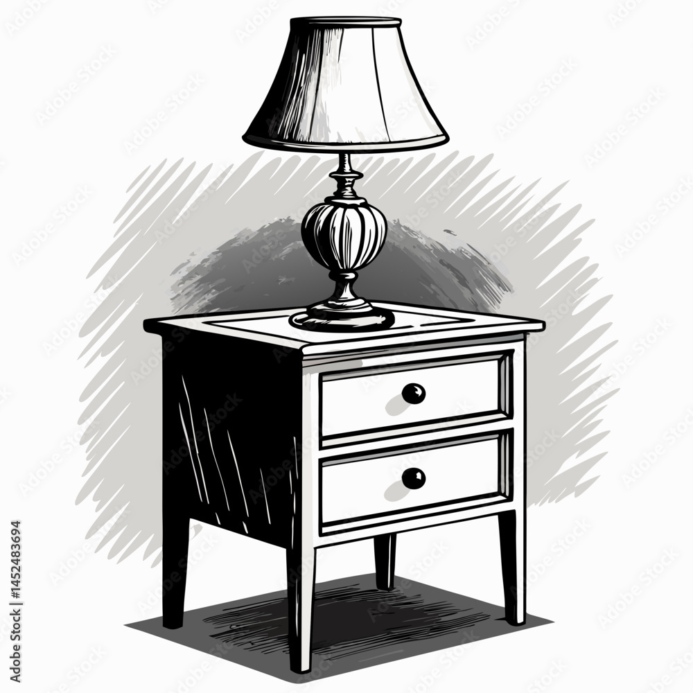 Poster create a bold, vector illustration of a nightstand with a lamp, emphasizing strong outlines and clea