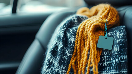 Cozy comfort: A warm scarf and knitted blanket on a car seat embrace tranquility