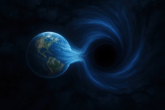 Earth being sucked into mysterious cosmic vortex with energetic blue swirls