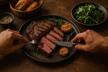 Juicy steak with garlic.