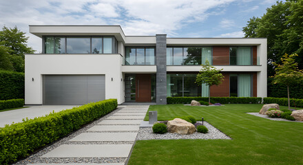 Exterior View Of A Modern Residence With Beautiful Landscaping