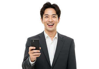 Man in suit holding a phone smiling at the camera on a white background in a studio environment