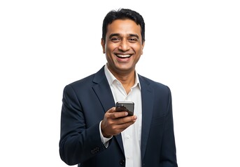 Smiling man in a suit holding a phone on a white background looking at the camera with a happy look