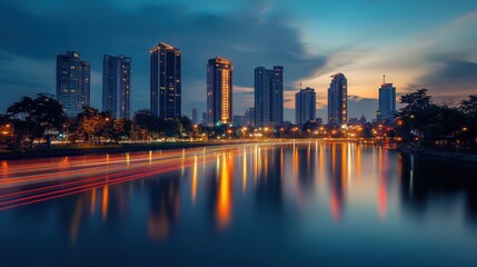 Obraz premium Cityscape at twilight reflecting in a calm lake. Modern buildings line the waterfront. Park and traffic lights are visible