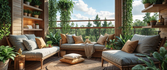 Fototapeta premium Serene balcony oasis with plush sofas lush greenery and natural relaxation ambience