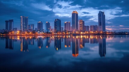 Obraz premium City skyline reflected in calm water at dawn