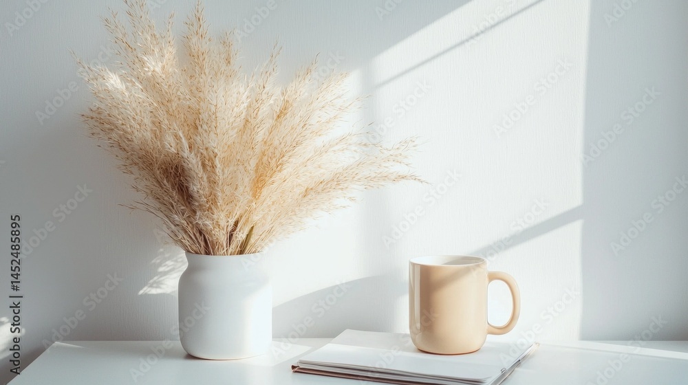 Poster Soft sunlight filters through a window, casting gentle shadows on a simple tabletop. A white vase with pampas grass stands next to a ceramic mug, creating a calm, inviting atmosphere