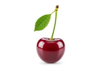 A single dark red cherry with a long green stem and a leaf on a white background in a studio shot