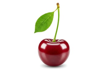 A single cherry with a stem and leaf isolated on a white background in a studio shot close up view