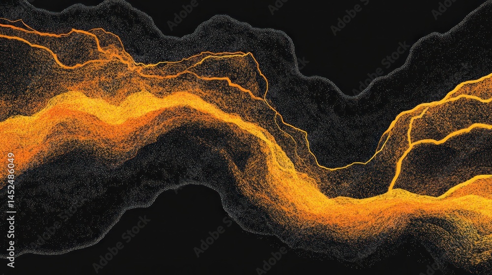 Poster abstract wavy forms of golden particles on a dark background