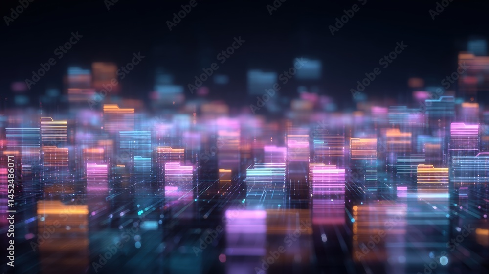 Poster abstract network grid with files and folders, futuristic software interface, digital document manage