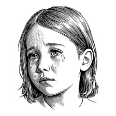 Crying Arab Girl with Tears in Detailed Black and White Outline Line Art Drawing Portrait