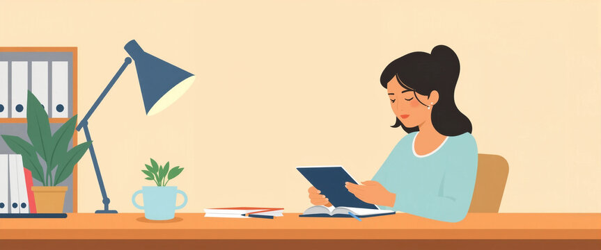 Mindful Office Coffee Break with Journaling in Cozy Minimal Workspace &ndash; Flat Vector Illustration