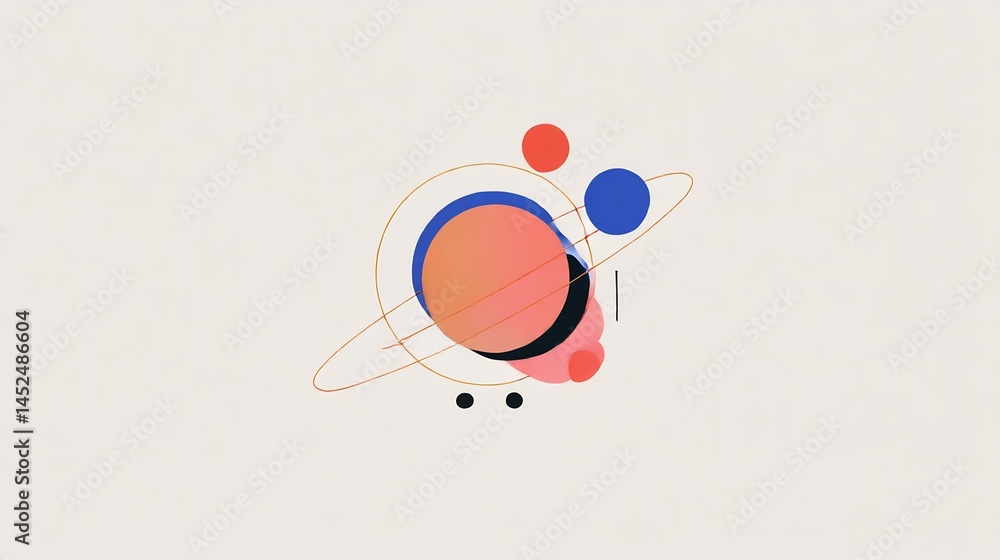 Poster abstract cosmic composition with spherical shapes and orbiting trajectory lines