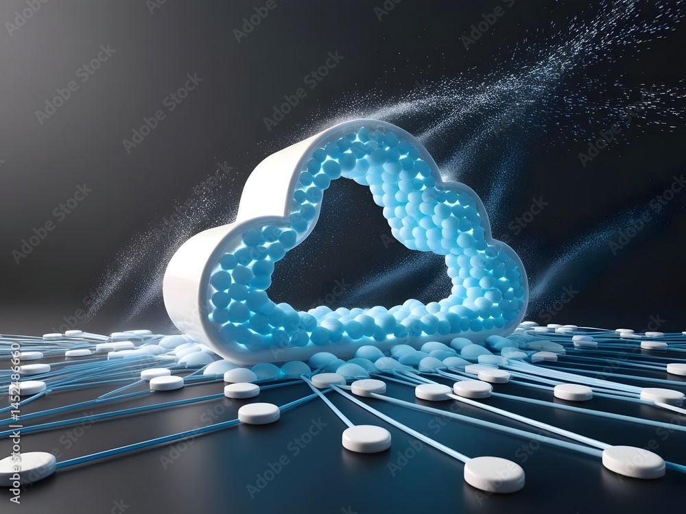 Poster cloud computing network with data nodes and particle stream on dark background
