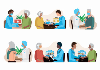 Doctor examines an elderly patient, makes a diagnosis and writes a prescription for medication. Set of vector illustrations of a doctor and a patient.