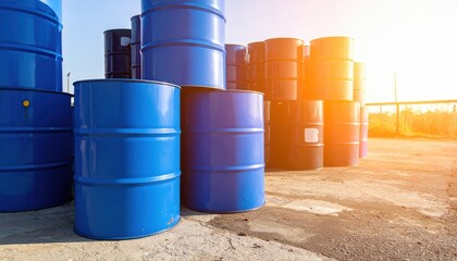 Blue Barrels in Industrial Setting: A row of blue industrial barrels sits under a bright blue sky, the setting sun casting a warm glow over the scene. The image conveys a sense of industry, storage.