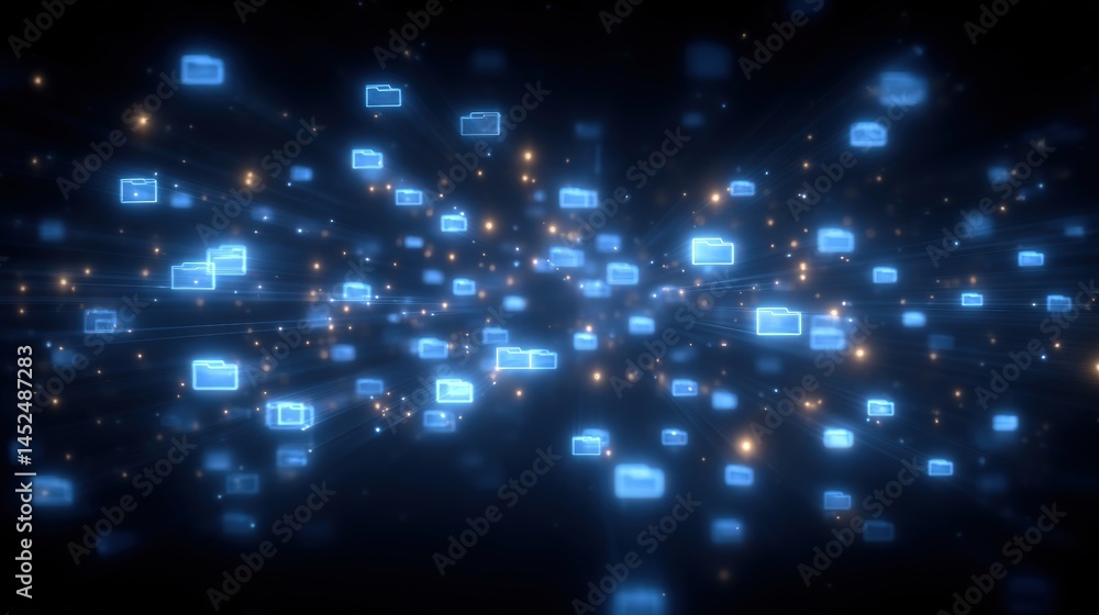 Poster abstract network grid with files and folders, futuristic software interface, digital document manage