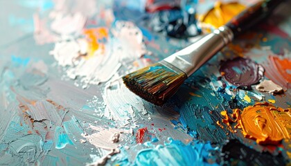 Fototapeta premium Palette and Brush: A vibrant artist's palette brimming with colorful oil paints, with a paint brush, ready to create art.