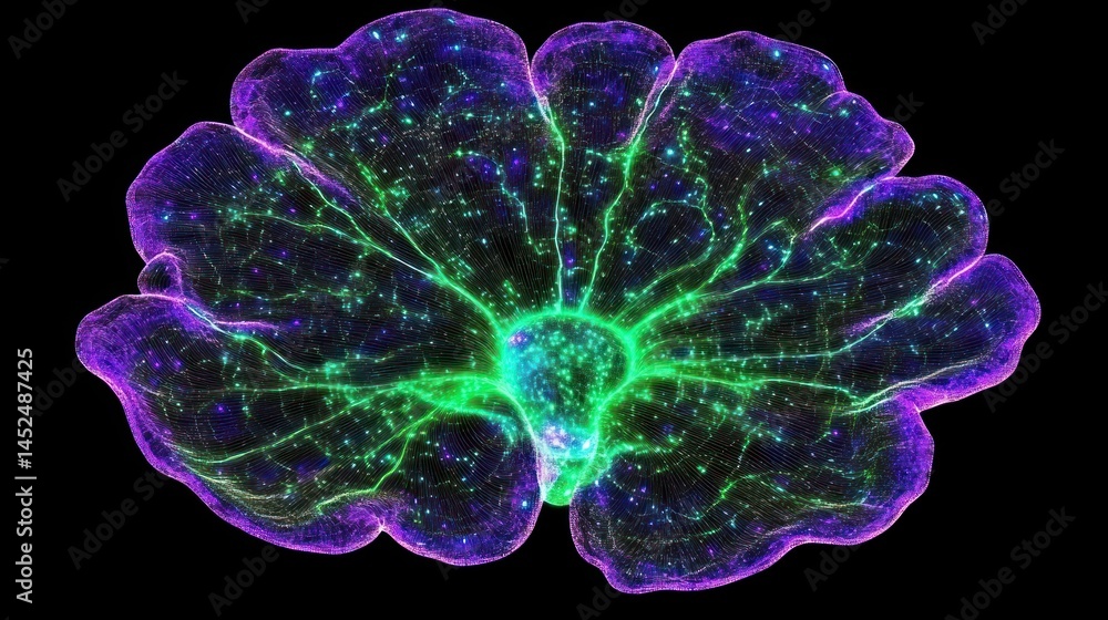 Poster abstract representation of a biological structure, possibly a brain or organ, using vibrant glowing 