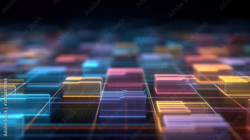 Poster abstract network grid with files and folders, futuristic software interface, digital document manage
