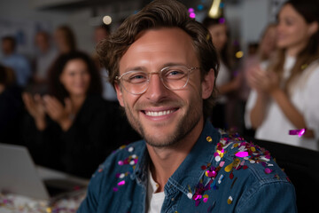 Naklejka premium A group of coworkers are celebrating together in a modern office space, throwing confetti and smiling joyfully. They are gathered closely, high-fiving and laughing, creating a festive and energetic
