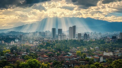 Cityscape panorama with dramatic sunlight