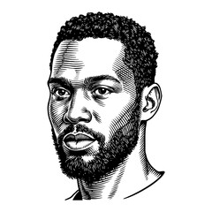 Short Haired African Man Portrait Black and White Outline Line Art Drawing Engraving Illustration