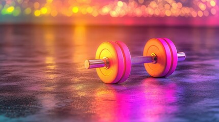 Bright neon dumbbell pulses on a dark gym floor, illuminating the textured surface beneath it