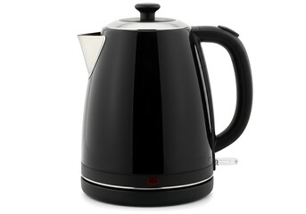 Obraz premium A glossy black electric kettle with a silver spout and lid on a white background in a studio setting