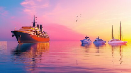 Fototapeta premium Cargo ship at sea carrying multiple luxury yachts on deck, calm ocean and clear sky