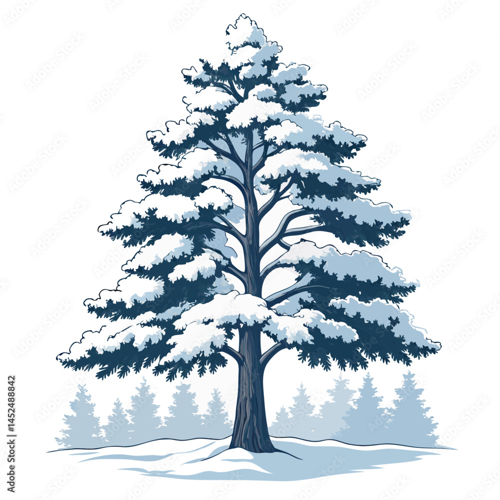 Poster create a bold, vector illustration of a pine tree with thick, dark strokes. include detailed needles