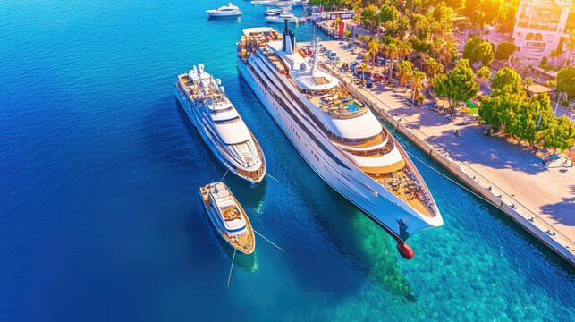 Cargo vessel docked at port with several yachts on board, preparing for international shipment