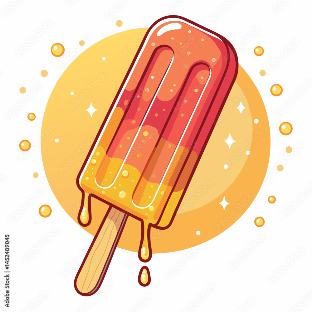 Poster create a bold, vector illustration of a melting popsicle, emphasizing dripping texture and vibrant c