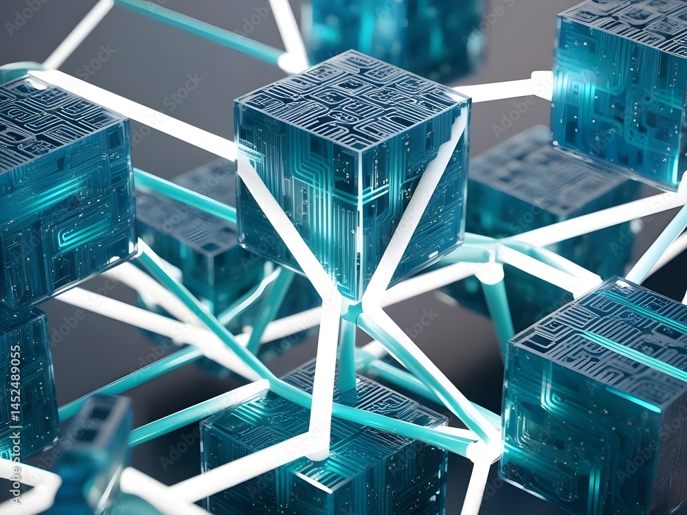 Aufkleber futuristic connection: cubes linked by light in a digital web