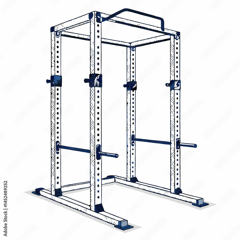 Poster create a bold-stroke vector illustration of a power rack with safety bars, emphasizing strong lines 