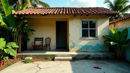 Obraz premium A rustic tropical dwelling with weathered facade, inviting porch, and simple wooden chairs, bathed in sunlight beside lush tropical plants
